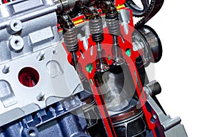Close-up of engine piston and cylinder cross section