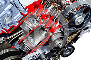 Close-up of engine piston and cylinder cross section