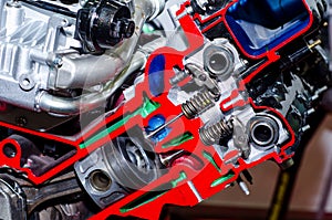 Close-up of engine piston and cylinder cross section