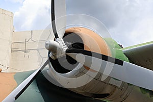 Close up engine and propeller of vintage plane