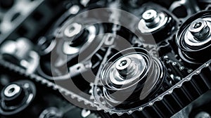 Close-up of an engine timing system with pulleys and belt in high detail