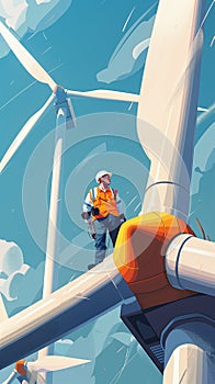 Close-up of an engineer in safety gear examining a wind turbine blade
