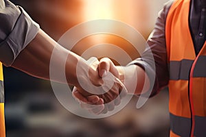 Close up of engineer and worker shaking hands on construction site background - Ai Generated