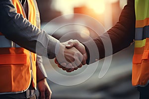 Close up of engineer and worker shaking hands on construction site background - Ai Generated