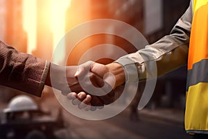 Close up of engineer and worker shaking hands on construction site background - Ai Generated