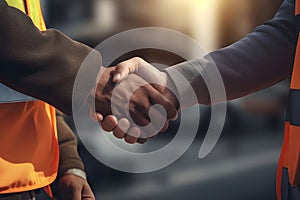 Close up of engineer and worker shaking hands on construction site background - Ai Generated