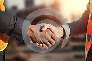 Close up of engineer and worker shaking hands on construction site background - Ai Generated