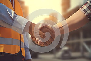 Close up of engineer and worker shaking hands on construction site background - Ai Generated
