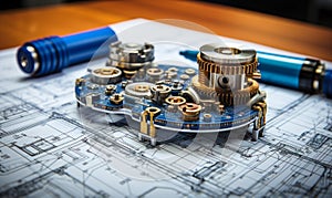 Close-up of engineering drafting tools with a blue pencil on mechanical blueprint highlighting precision in technical drawing and