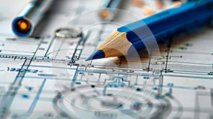 Close-up of engineering drafting tools with a blue pencil on mechanical blueprint highlighting precision in technical drawing and