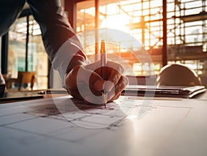 Close up engineering structural designer is writing at a design blueprint on a desk in a construction office. Light is coming