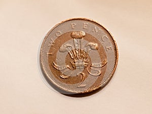 Close up of english two pence brown coin uk currency