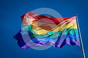 Close up of the enormous rainbow flag flying proud over Harvey Milk Plaza in the Castro district of San Francisco