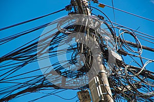 Close up of an entangled power lines in a an beautiful blue sky in the city of Quito