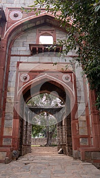 Close up of an entrance gate at humayun`s tomb in delhi