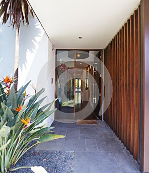 Close up of entry paving and front door luxury home