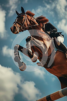 Close-up of equestrian jumper capturing precision and athleticism in mid-air