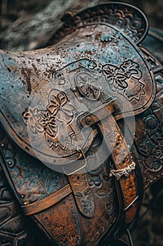 Close up of equestrian saddle and stirrups, preparing for competitive ride at summer olympics photo