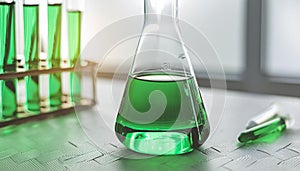 Close-up of Erlenmeyer glass flask with vivid green liquid. Chemical laboratory. Biomedical research