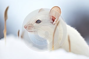 close-up of ermine ears perked up in snow