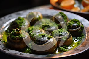 Close-up of Escargots, beautifully arranged with a sprinkle of parsley and drizzle of garlic butter