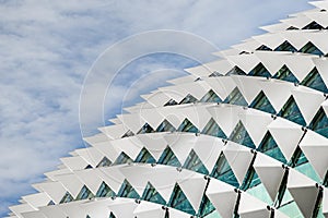 Close up of the Esplanade shades. Esplanade Theatres is a performing arts centre located near the mouth of the Singapore River.