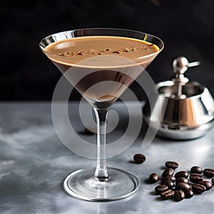 Close up of an Espresso Martini Cocktail based on coffee, liqueur and vodka isolated on a grey background. Served in an elegant photo