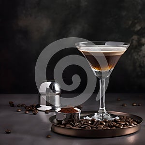 Close up of an Espresso Martini Cocktail based on coffee, liqueur and vodka on a serving tray on a dark grey background. Served in photo