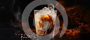 Close up Espresso Tonic on Dark Blurred Background, Iced Drink with Free Copy Space