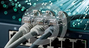 Close-up of Ethernet cables connected to a network switch, data transfer concept