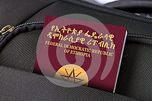Close up of Ethiopia Passport in Black Suitcase Pocket