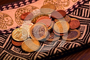 Close up of Euro coins on fabric wallet.