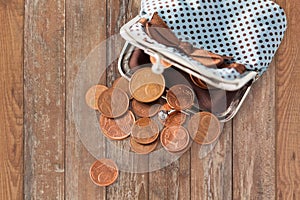 Close up of euro coins and wallet on table