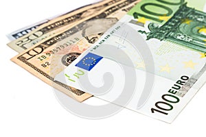 Close up of Euro currency note against US Dollar