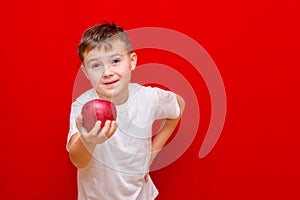 Caucasian boy kid child schoolboy apple gives in front red in his hands