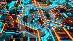 close up of an ev battery circuit with neon lights in detail, circuit board