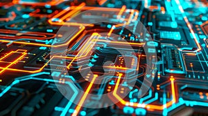 close up of an ev battery circuit with neon lights in detail, circuit board