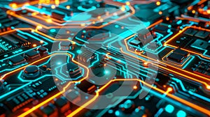 close up of an ev battery circuit with neon lights in detail, circuit board