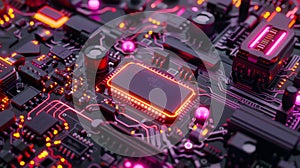 close up of an ev battery circuit with neon lights in detail, circuit board