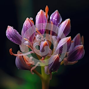 Close-up of an exotic flower, with its petals open and droplets of water on them. These droplets are located at center