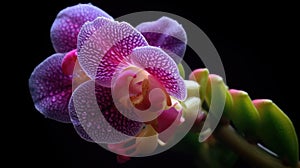 Close-up of an exotic flower, with its vibrant purple petals and green leaves. The flower is positioned on top of stem