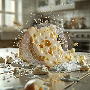 Close-up of expired cheese and milk spilling over in a modern kitchen. Generative AI