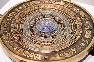 A close-up of an exquisite bronze drum of the Zhuang nationality in Guangxi, China