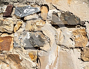 Close Up of an Exterior Stone Wall with Brown and Gray Rocks and Cement Texture