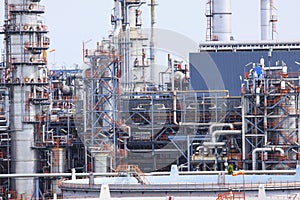 Close up exterior stromg metal structure of oil refinery plant i
