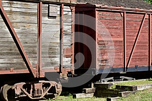 Close up exterior view of an old 19th Century railroad train boxcar