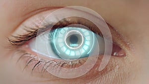 Close up eye access system analysing biometrics granting connection concept