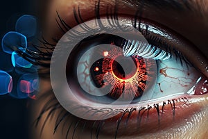 close-up of an eye with an artificial retina. Future technologies for recognizing the environment through scanning using