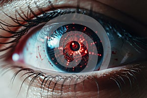 close-up of an eye with an artificial retina. Future technologies for recognizing the environment through scanning using