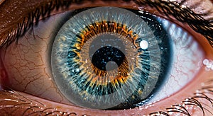 Close-up Eye with Blue and Brown Iris and Binary Code Overlay